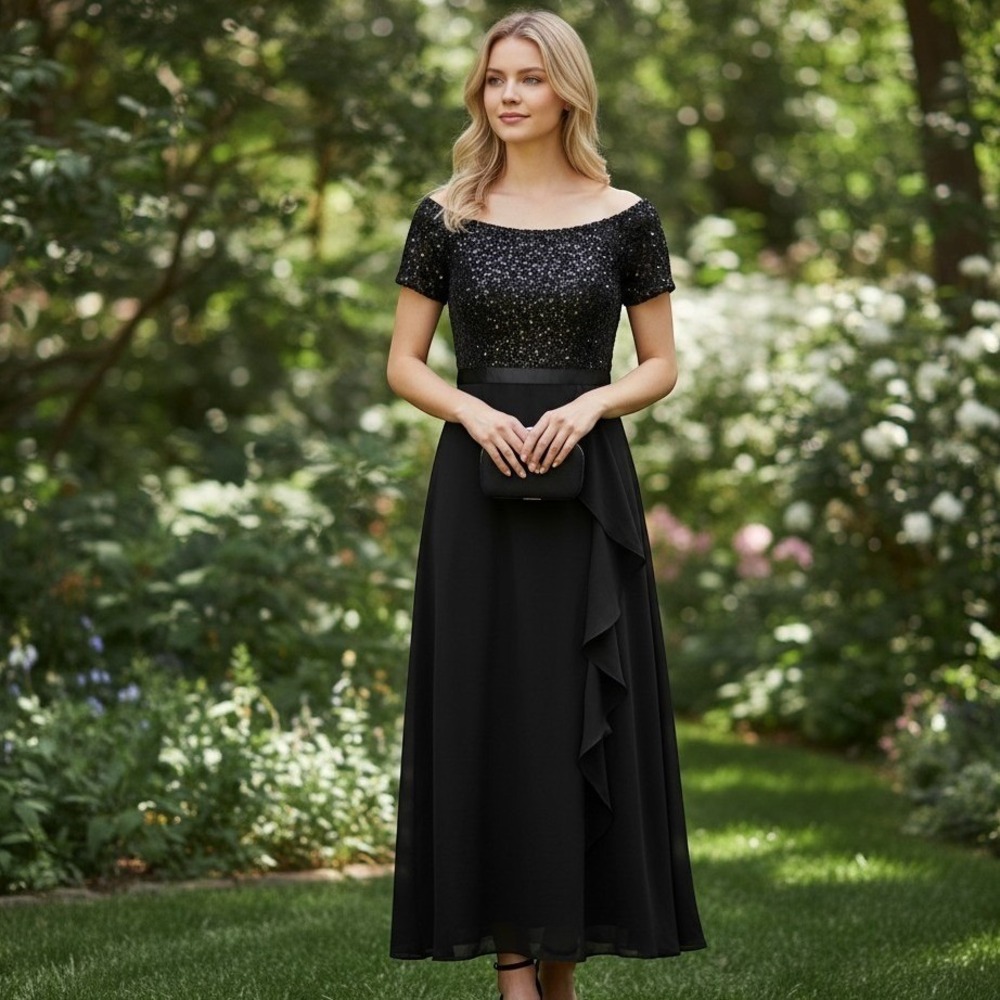 Berylove Dress Womens Small Black Sequin Lace Chiffon Midi Formal Gown NWT